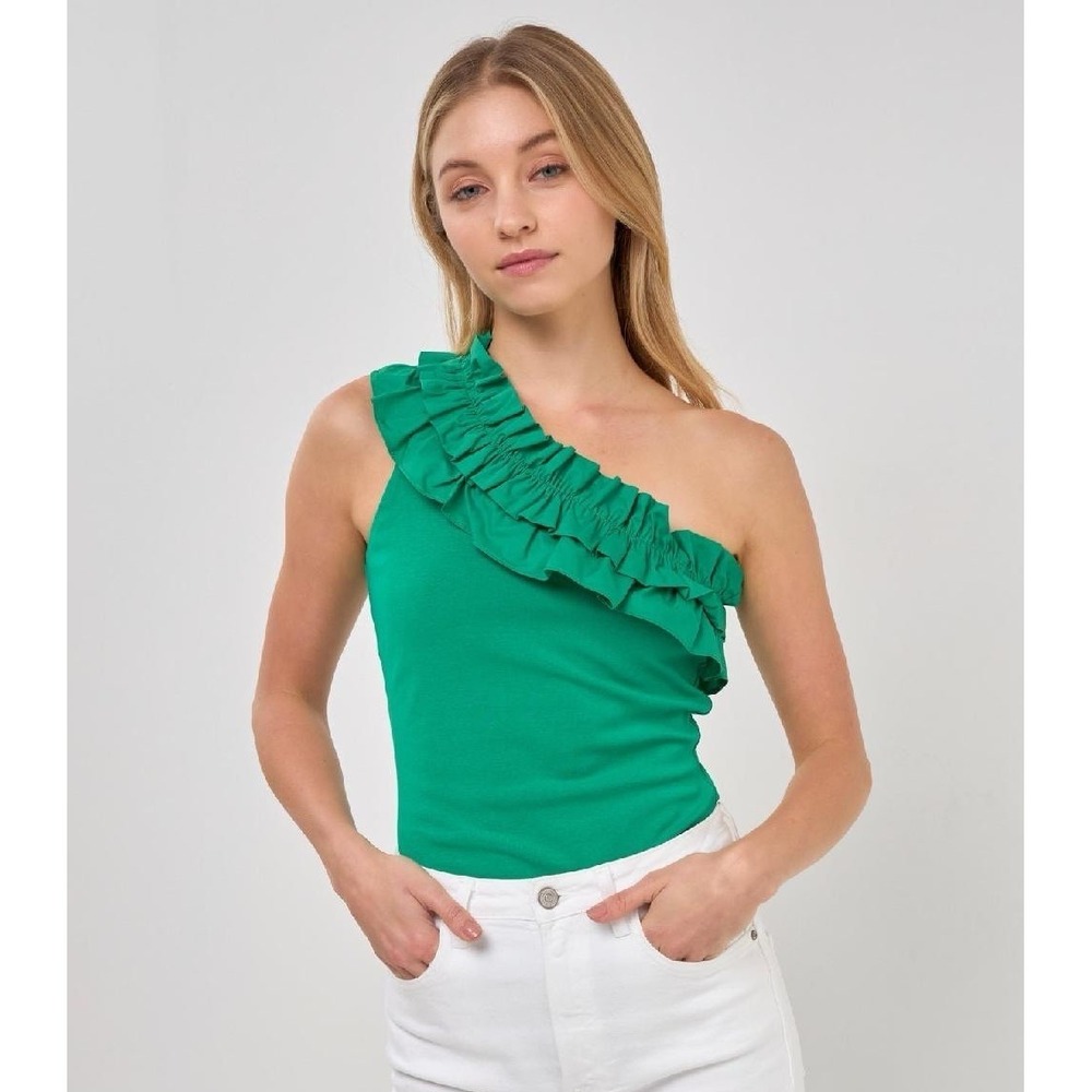 Endless Rose One Shoulder Ruffle Bodysuit Green Size Medium M Asymmetric Top